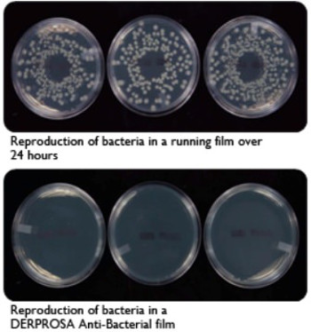 Bacteria running film vs Derprosa Anti-Bacterial: Comparison of bacteria on the coated film of an everyday meal and a film Anti-Bacterial Derprosa